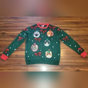 Ugly Christmas Green Cat Ornament Sweater Red Trim